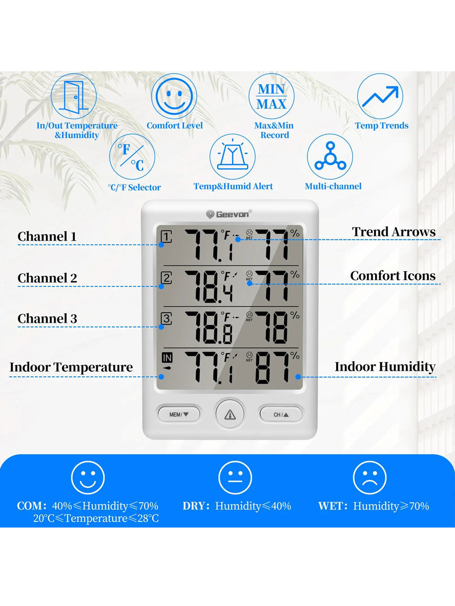 Geevon WS8646-3TX Wireless Thermometer with 3 included Remote Sensors