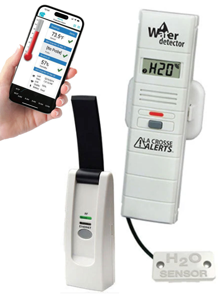 A white La Crosse brand water temperature and humidity monitor with a digital display and a black probe, alongside a smartphone showing the device's app interface.