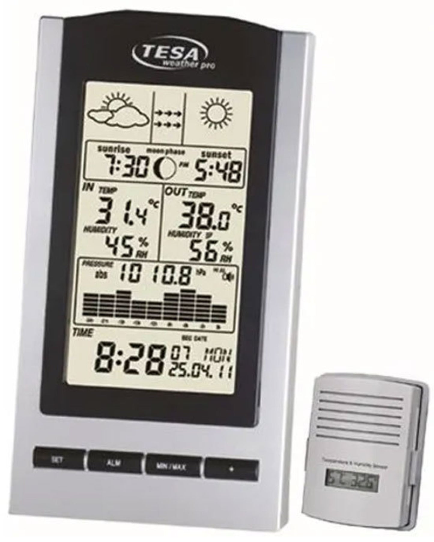 A TESA wireless moon phase weather station with barometer display, showing time, temperature, and humidity readings on the LCD screen, accompanied by a wireless transmitter.