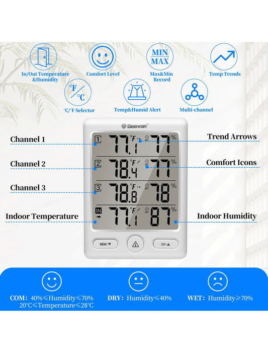 Geevon WS8646-3TX Wireless Thermometer with 3 included Remote Sensors