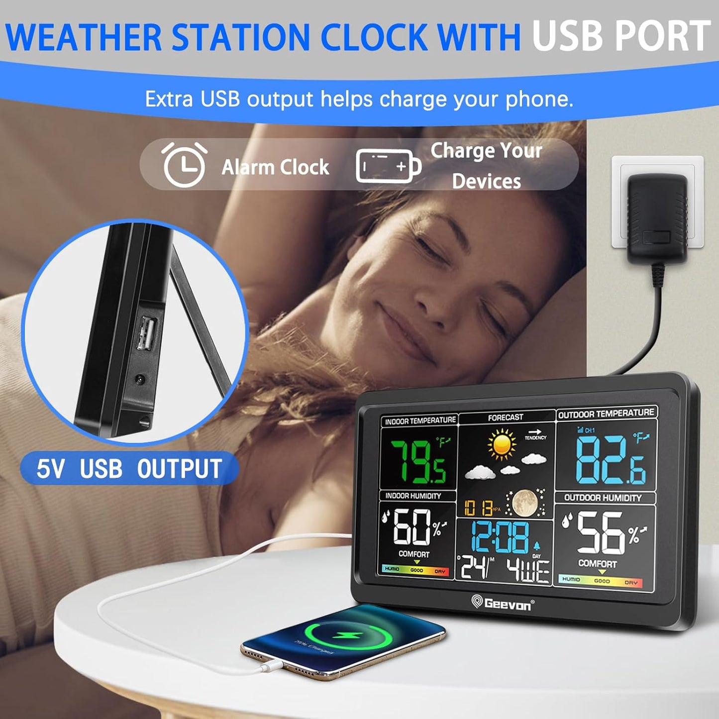 Geevon WS8665 Wireless  Thermometer, Large Colour Display with Comfort Indicator, USB Charging Port