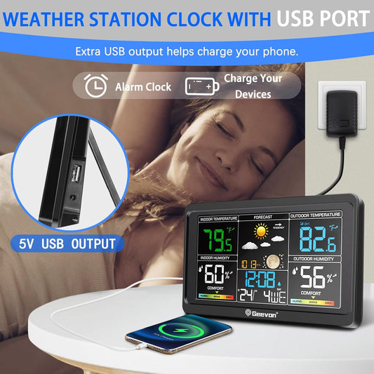 Geevon WS8665 Wireless  Thermometer, Large Colour Display with Comfort Indicator, USB Charging Port