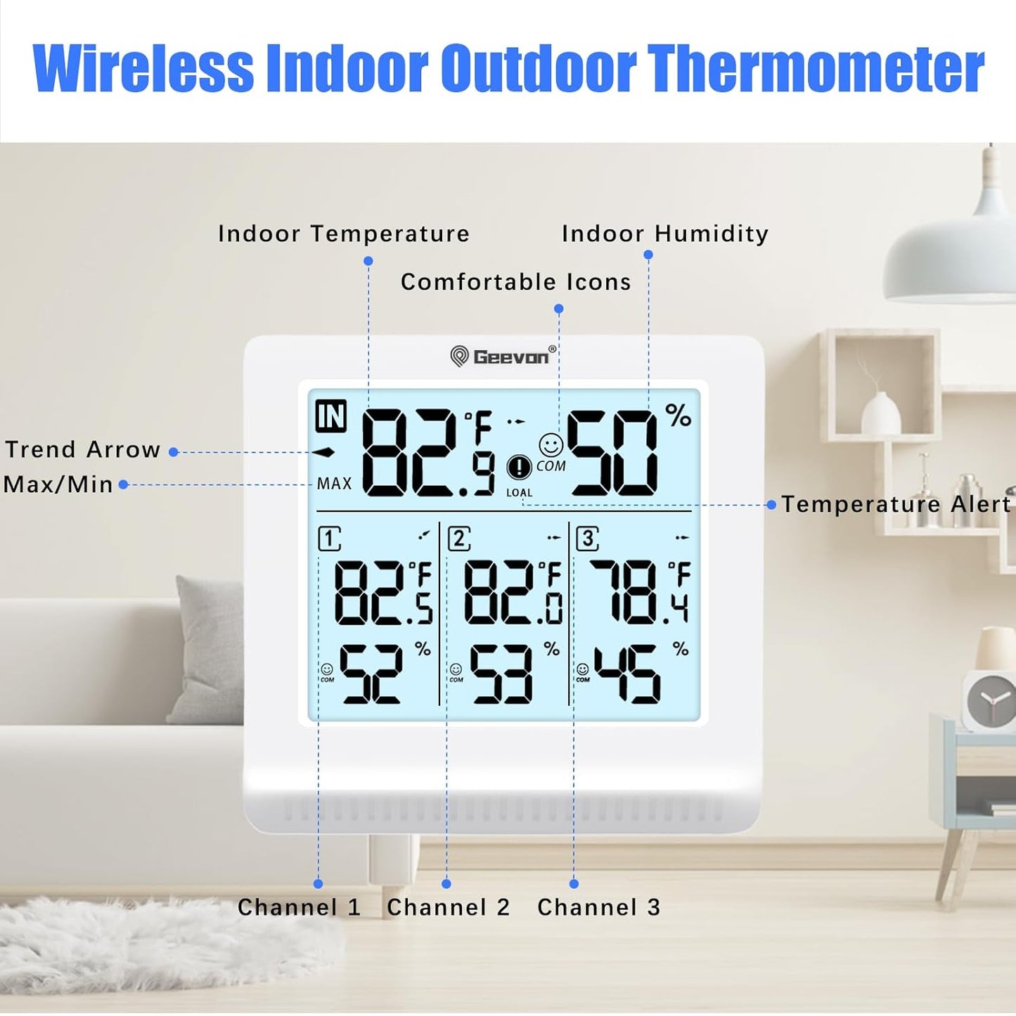 Geevon WS0190-3TX Indoor Outdoor Thermometer Wireless with 3 Remote Sensors