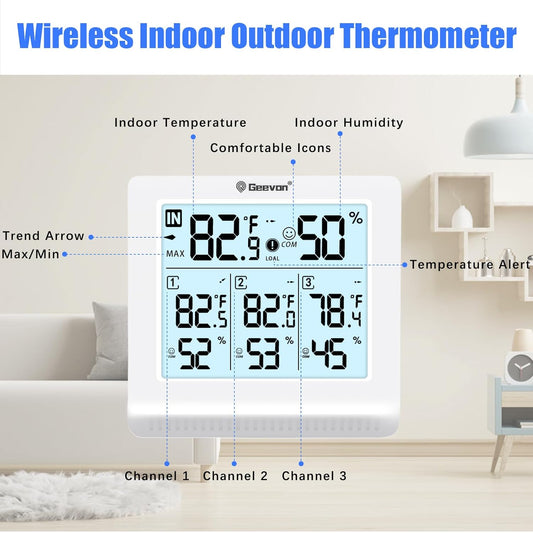 Geevon WS0190-3TX Indoor Outdoor Thermometer Wireless with 3 Remote Sensors