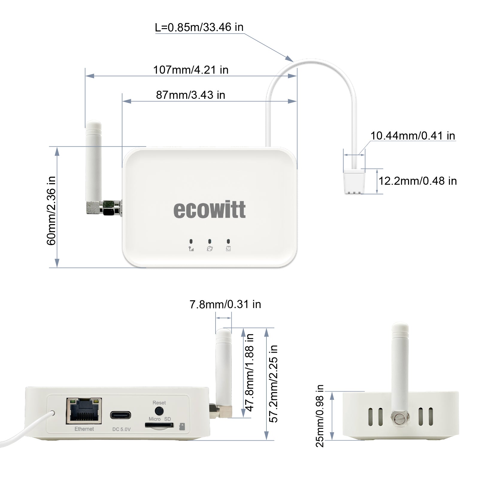 ecowitt device with dimensions labeled on a white background