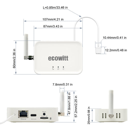 ecowitt device with dimensions labeled on a white background
