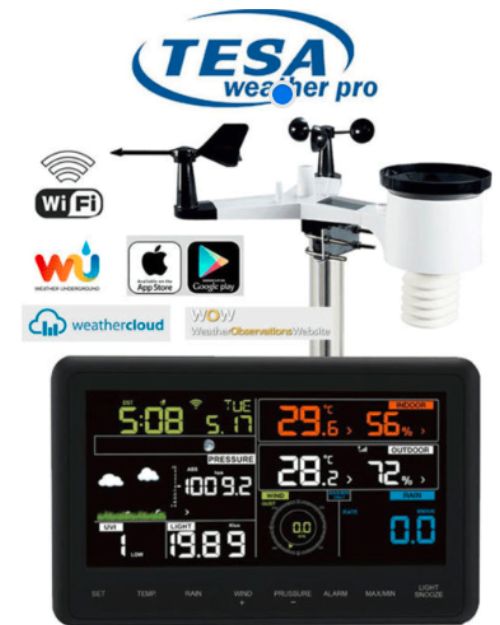 Tesa weather pro weather station with digital display and wind sensor on a white background
