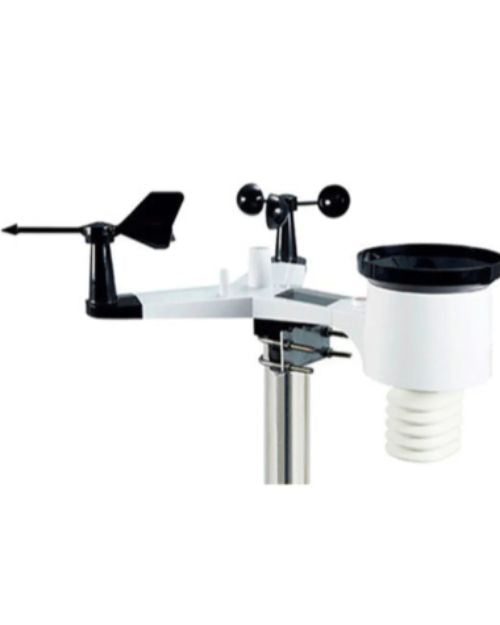 Meteorological instrument with an anemometer, wind vane, and other components on a white background